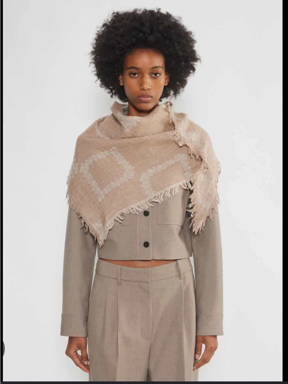 Wilfred Beige Fringed Square Jacquard Scarf
